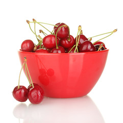cherry in a red bowl isolated on white