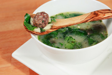 Close up look at hearty bowl of Italian Wedding Meatball Soup
