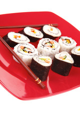 Maki Rolls and California rolls on red plate