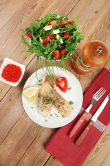 roasted pink salmon fillet with vegetable salad