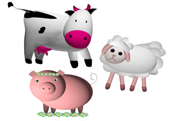 cow,sheep and pig on a white