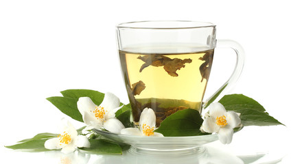 cup of green tea with jasmine flowers isolated on white