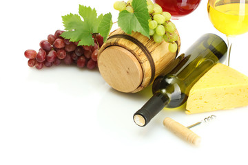 barrel, bottle and glasses of wine, cheese and ripe grapes