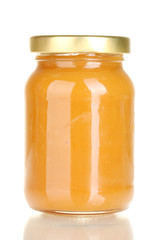Jar with baby food isolated on white