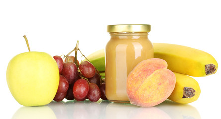 Jar with fruit baby food and fruits isolated on white