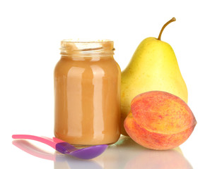 Jar with fruit baby food and spoon isolated on white
