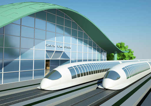 levitation train in front of a small station in the future