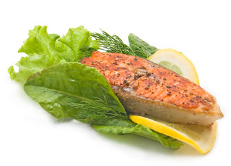 Delicious grilled salmon steak with grilled