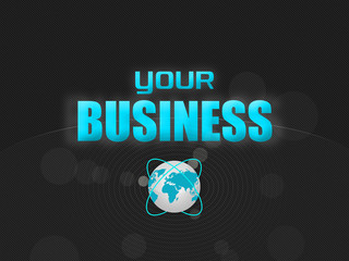 Dark background with light blue text Business and globe map