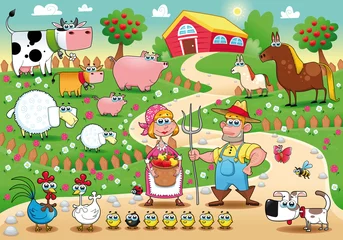 Fototapete Bauernhof Bauernhof Familie. Lustige Cartoon- und Vektorillustration.