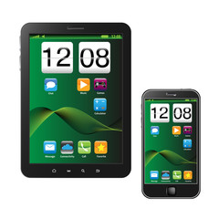 Black tablet and cell phone with icons