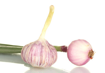young onions and garlic on white background close-up