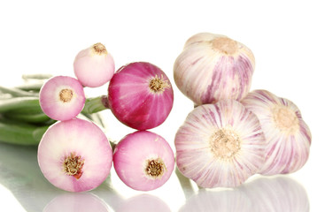 young onions and garlic on white background close-up