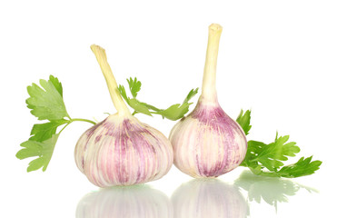 young garlic with parsley isolated on white background