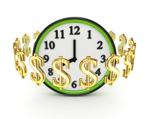 Dollar signs around green watch.