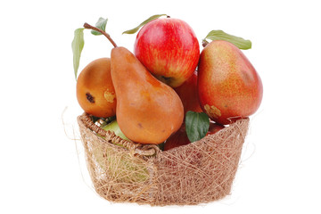 red and green fresh apples and gold pear
