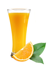 Glass of juice, orange slice with leaves on white background