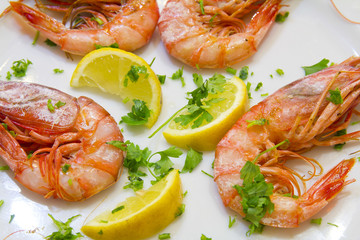 Shrimps with lemon slices and parsley on white plate