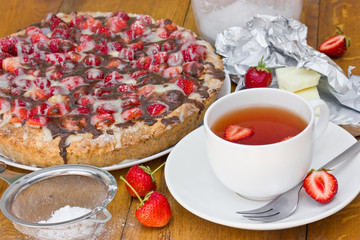 Summer strawberry cake and fresh tea