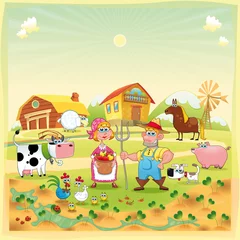 Fototapete Bauernhof Bauernhof Familie. Lustige Cartoon- und Vektorillustration.