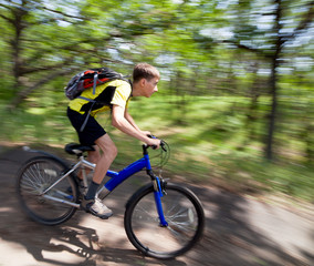 A teenager on a bicycle traveling in the forest