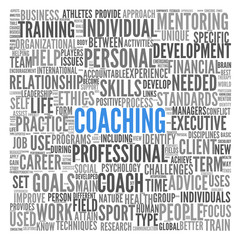 Coaching concept in sphere tag cloud