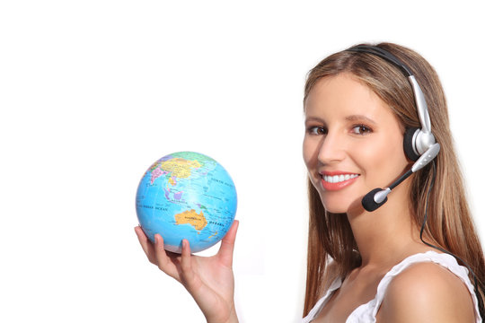 woman beautiful smiling office operator whit globe