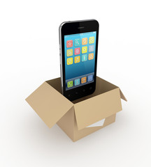 Modern mobile phone in a carton box.