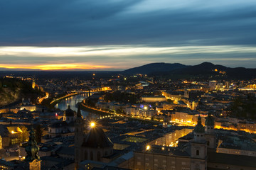 Salzburg city view at night.