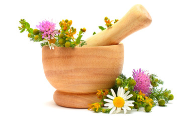 Mortar, medicine herbs and flowers © artmim