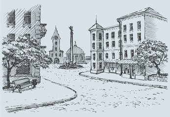 Vector cityscape. Old street access to the main square