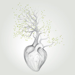 Tree with roots like heart / Surreal vector sketch