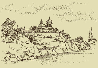 Vector  landscape. Old  monastery on a  rocky hill above the riv - obrazy, fototapety, plakaty