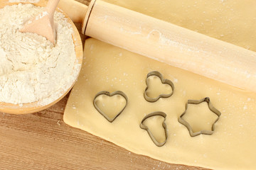 tins of cookies on the rolled out dough close-up