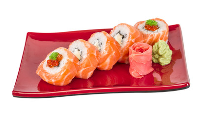 Japanese sushi traditional japanese food.Roll made of salmon, re