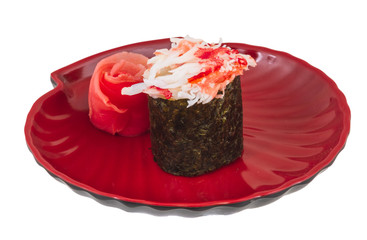 sushi kani with sauced slices of crab shrimp isolated on white b