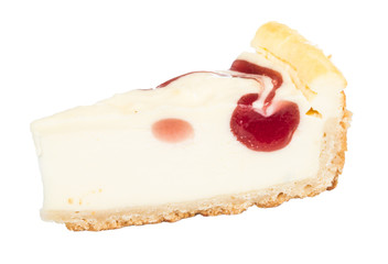 Closeup of a slice of cherry cheesecake on a white background