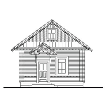 Drawing of a front facade of small wooden house with two windows