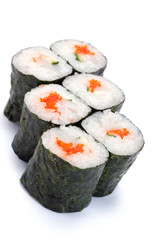 Hosomaki. Geisha poppies, scallop, tobiko caviar, mayonnaise