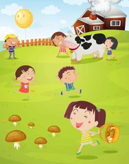 Poster Ferme enfants jouant sur pelouse verte