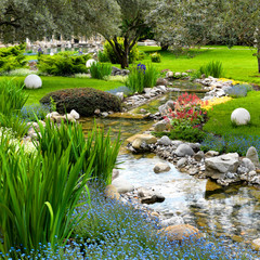 garden with pond in asian style - obrazy, fototapety, plakaty