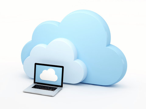 Cloud computing, laptop in front of virtual cloud