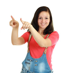 woman pointing and looking surprised