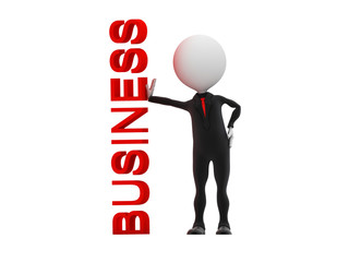 3d businessman standing near business word on whiteboard