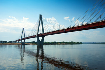 Fototapeta na wymiar Murom cable bridge through Oka River