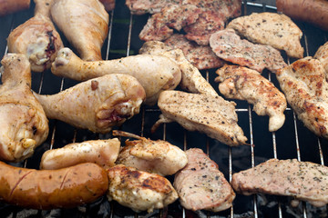 barbecue with delicious grilled meat on grill