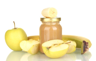 Jar with fruit baby food isolated on white