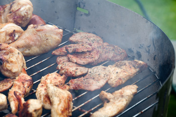 barbecue with delicious grilled meat on grill