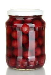 Jar of canned cherries isolated on white