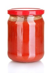 Jar with tomato paste isolated on white